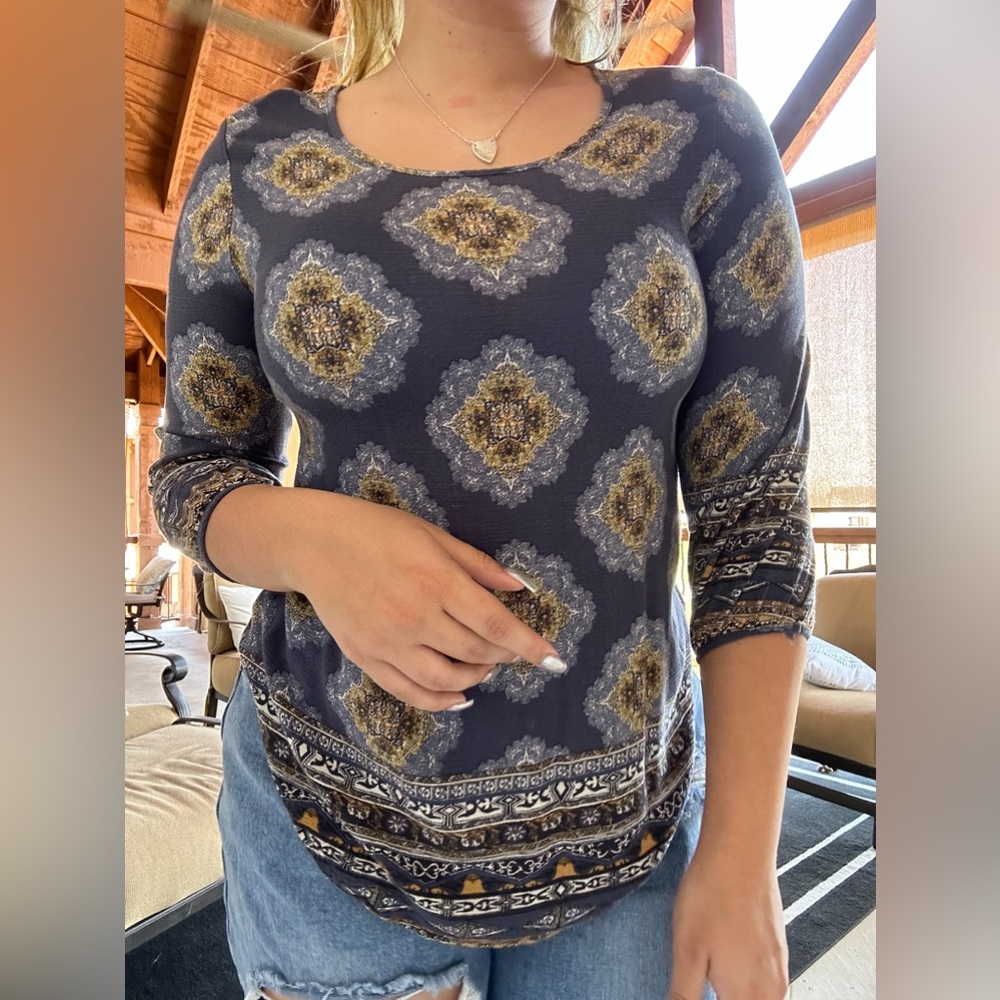 navy blue and green blouse